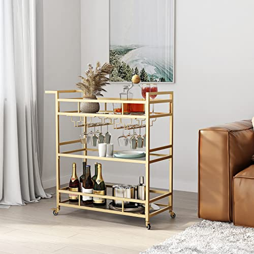 Goldbarwagen mit 3 Etagen Glasregalen, Rolling Serving Bar Cart with Wine Rack and Glass Halter, Home Bar Carts & Wine Carts on Wheels for Kitchen, Indoor & Outdoor