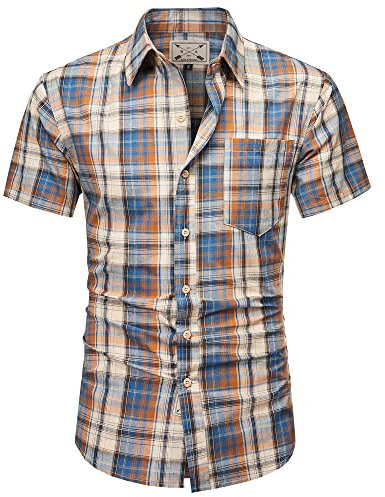 Men's Checked Shirt Mens Shirts Short Sleeve and Long Sleeve Cotton Casual Shirt for Men (UK, Alpha, L, Regular, Regular, Blue/Tan)