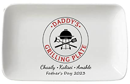 SSRUI Personalisierte BBQ-Grillplatte, individuelle Platte für Vatertag, Grillgeschenke für Vater, Grill-Serviertablett Teller weiß oval Serviergeschirr Opa Papa Männer Vatertagsgeschenk von Kindern