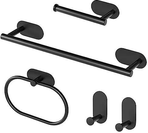 CORYIN Bathroom Hardware Set 5 PCS Stainless Steel Towel Racks Heavy Duty Wall Mounted Towel Bar Toilet Paper Holder Towel Ring Robe Towel Hook Self Adhesive Bathroom Accessories Set, Black