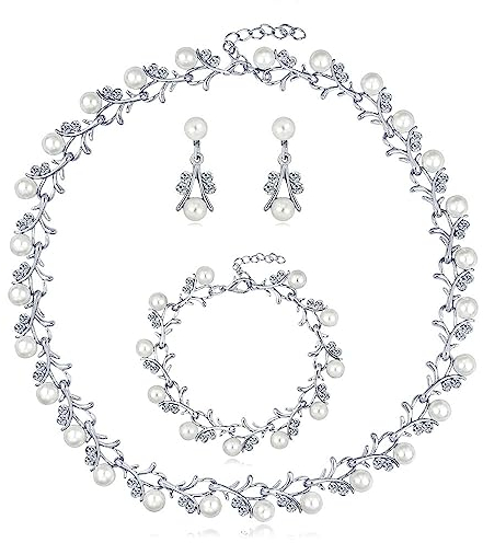 Loutade Braut Schmuckset für Damen, Glitzernde Kristall Perlen Hochzeit Schmuck Sets, Halskette Ohrhänger Armband Set mit Perlen & Strass, Braut Brautjungfer Schmucksets Brautschmuck für Frauen