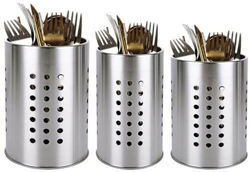 ZOFUN 3 Pcs Utensil Holders for Kitchen, 3 Sizes (S/M/L) Stainless Steel Cutlery Holder Set, Hollow Utensil Drainers Easy to Clean, Multi-function Cutlery Drainer for Kitchen Cupboard and Counters
