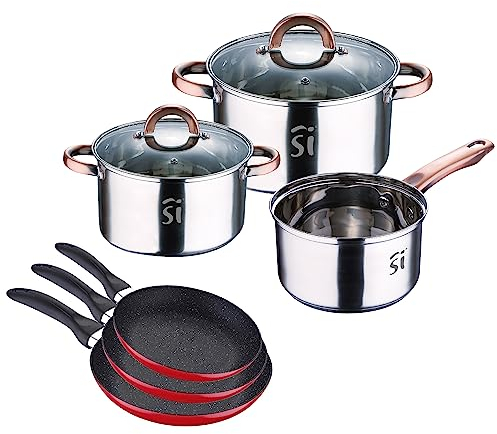 Kochtopf, ohne Deckel, 16 x 9,5 cm (1,7 l), Töpfe mit Deckel 18 x 10,5 cm (2,5 l) und 20 x 11,5 cm (3,38 l), Onil, Induktion + Set 3 Pfannen Navy Red & Marble 16+20+24 cm, Induktion