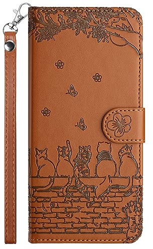 FALUWONRU for iPhone SE 2022/SE 2020/8/7 Wallet Case,Fence Cats Butterfly Flower Embossed PU Leather Flip Phone Case with Card Slots,Magnetic Protective Cover with Holder Kickstand,Brown
