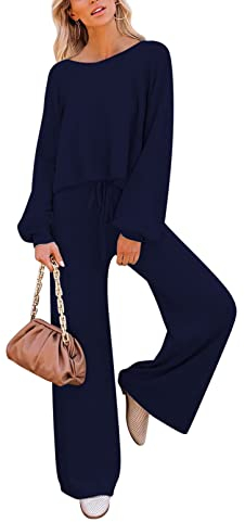 Sovoyontee Damen Langarm Kurz Top Sweatsuit Loungewear Weitem Hose Strick Pullover Trainingsanzug 2-Teiliges Set Marineblau L
