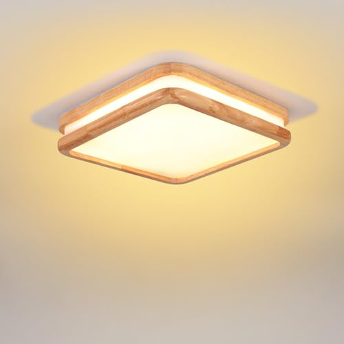 LIGKIN LED Deckenlampe Holz 24W Deckenleuchte Quadrat 30cm Warmweiß 3000K Durchmesser Modern Doppelte Lage Küchenlampe Lampe Wohnzimmer für Balkon Flur Babyzimmer Schlafzimmer