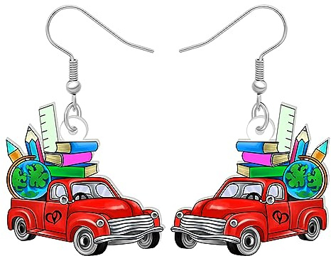 DALANE Acryl Lustig Lehrer Ohrringe Tropfen Bücher Auto Schule Bus Lehrer Anerkennung Geschenke für Frauen Mädchen Kinder Zurück zu Schule Schmuck (Rot)