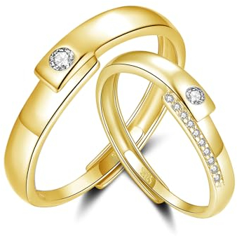 Bewenda Par de anillos de plata de ley 925, anillos para parejas para hombre y mujer, ajustable, anillo de compromiso, anillo de boda, anillo de boda con caja de regalo de circonita blanca, Piedra