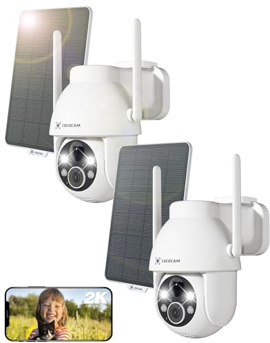 COCOCAM 2PCS 2K Cámara Vigilancia WiFi Exterior con Panel Solar, PTZ Batería, Visión Nocturna a Color, AI Reconocimiento, PIR Detección, Cloud