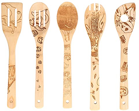 Cuillères En Bois Pour la Cuisine, 5 Pièces Spatule En Bois Ensemble D'ustensiles De Cuisine Graffiti Personnalisé Ensemble D'ustensiles De Cuisine En Bois