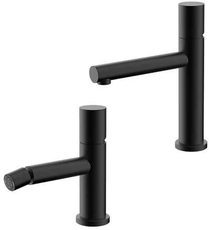 Set miscelatori lavabo e bidet nero opaco senza leva in acciaio inox, manopola rotante e indicatori per l’acqua, GEMINI