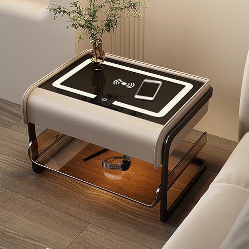 JIAOCKJIAO Smart Bed end Table, LED Nightstand with Drawers, Side Cabinet with Charging Station, Modern Wood Bedside Desk Cabinet, Acrylic Tray, Tempered Glass Panel, for Living Room, Bedroom (Color