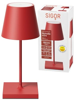 SIGOR Nuindie 2.0 mini - Dimmbare kleine LED Akku-Tischlampe Indoor & Outdoor, IP54 spritzwassergeschützt, Höhe 25 cm, aufladbar mit USB-C, 12 h Leuchtdauer, feuerrot