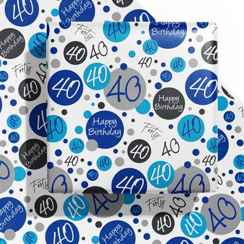 RUSPEPA Geschenkpapier zum Geburtstag – 6 Blatt, Bliue-Design zum 40. Geburtstag, flach gefaltet für Geburtstag, Party, Babypartys – 50 x 70 cm pro Blatt