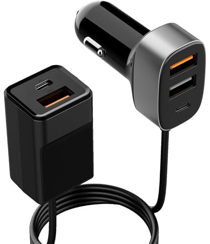 MP+ 78W USB C Car Charger, 5 Ports Fast Charging Cigarette Lighter Adapter Socket with 5FT Cable for Backseat Charging, for iPhone Samsung Xiaomi Phones iPad Huawei Galaxy Kindle Tablets