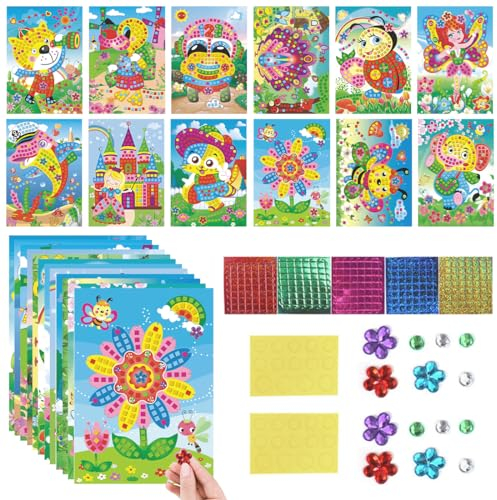 Wishstar Mosaik Bastelset Kinder, 12 Stück Sticky Mosaics Set Kinder, Glitter Multicolour Papiermosaik Bilder, DIY Basteln Geschenke für Mädchen Jungen Ab 4 Jahre