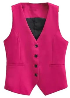 REHJJDFD Chaleco de traje para mujer con cuello en V y botonadura simple, color rojo rosa, ajustado, corto, asimétrico, delgado, sin mangas, fucsia, S