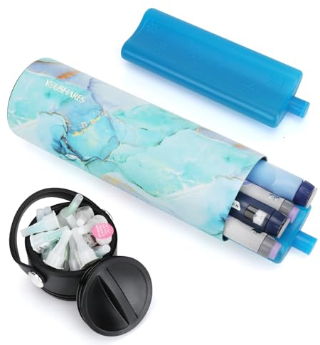 YOUSHARES 1-5 Plumas Nevera Medicamentos Portatil - 24H Nevera Insulina Viaje con Bolsa de Hielo Aprobada por la TSA, Estuche Plumas Insulina Isotermica para Viajes Largos y Diarios (Mármol Verde)