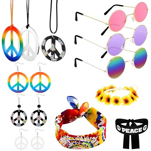 Getyjoe 12 Stück Hippie Kostüm Set Retro Hippie Accessoires Herren Damen Runde Sonnenbrille Friedenszeichen Halskette Peace Ohrringe Sonnenblumen Buntes Hippie Stirnband für 70er 80er Mode Thema Party
