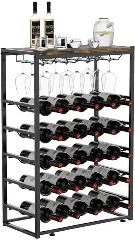 Urban Deco Wine Rack Free Standing Floor for 25 Bottles & 12 Wine Glasses, 5-Tier Wine Bottle Holder with Metal Frame and Wooden Tabletop, Liquor Shelf for Kitchen Bar Dining Room Living Room, Black