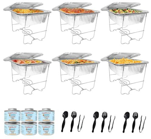 Chafing Dish Buffet Set, Half Size, Disposable Catering Supplies -6 Pack- Food Warmers for Parties: Foldable Wire Racks, 4 Hour Fuel, Aluminum Water Pans, Food Pans, Serving Utensils