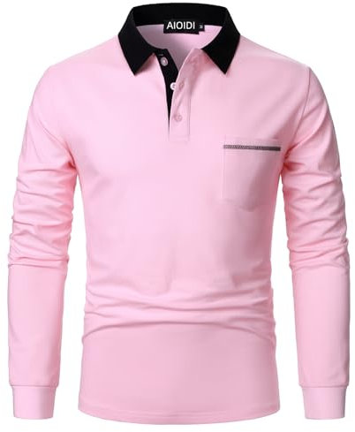 AIOIDI Polos Hommes Adultes Manches Longues Hauts en Coton T Shirt de Golf avec Poche Réelle Rose XL