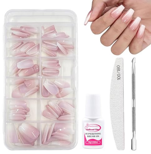 HERBINSOLS French Style 120pcs Natural Gradient Pink Full Cover Press On Nails Kit - Glossy ABS Material, 12 Sizes, 10 Sets, 120 Pieces, 1 Pack