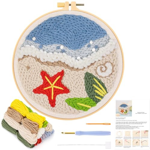 JSRQT Hawaii-Stil Punch Needle Stickerei Set für Anfänger Erwachsen,Strand Stanznadel Stickerei Starter Kit,DIY Handarbeit Embroidery Stanznadelstoff Muster Set