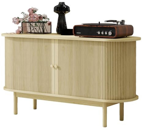 Aparador retro moderno de madera, con puertas correderas y patas de madera de pino, armario de 138 cm con estantes ajustables para comedor, cocina, pasillo (roble)