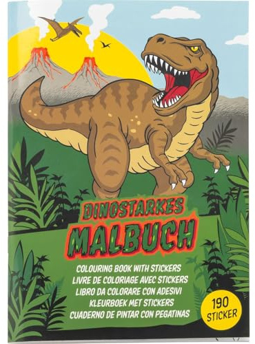 Sheepworld Malbuch Dino | 12 Seiten zum Ausmalen, 4 Seiten mit Aufklebern, DIN A5-Format | Geschenk für Kinder, Kindergeburtstag, Geschenk Jungs, Schulanfang, Schultüte | 74309