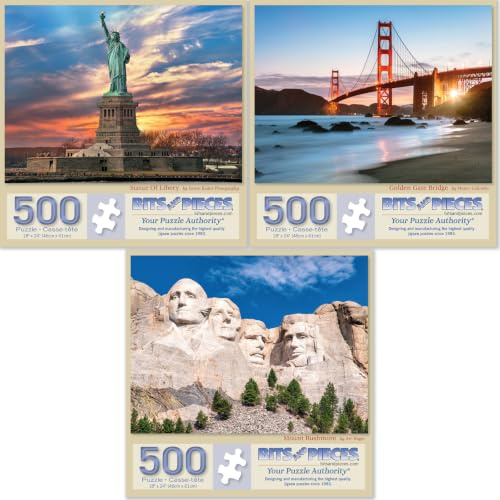 Bits and Pieces 3 Puzzle Set of 500 Piece Jigsaw Puzzles for Adults, United States Landmarks Mt. Rushmore, Statue of Liberty, Golden Gate Bridge - Puzzle Size: 18 x 24