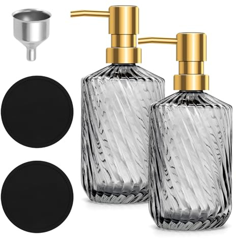 Lot de 2 distributeurs de savon en verre 450 ml avec 2 dessous de verre noirs et 1 entonnoir - Distributeur de savon rechargeable pour cuisine et salle de bain - Gris