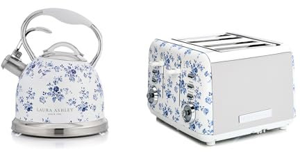 Laura Ashley Ensembles Bouilloire et Grille-Pain par VQ – Bouilloire Sifflante en Inox 2,5 L pour Feux Tous Types & Grille-Pain 4 Tranches avec Fonctions Décongélation et Réchauffage – China Rose