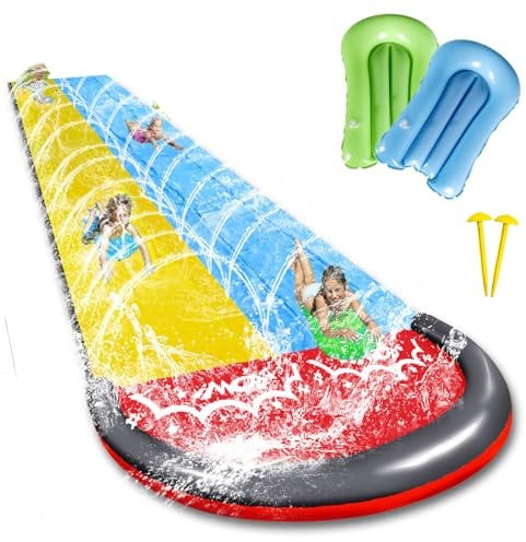 15.8ft/480cm Toboggan Aquatique,Toboggan Gonflable Piscine à Double avec 2 Planches de Bodyboard,Toboggan d'eau pour Pelouse avec Arroseur Intégré,Jouet d'été pour Enfants et Adultes