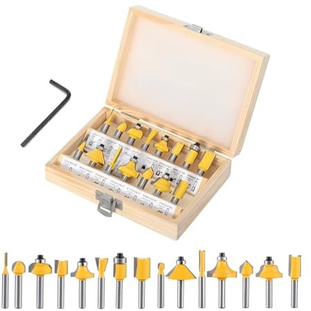 Losxuido 15 Stück Fräser für Oberfräse 6mm Schaft Oberfräse Fräser set Nutfräser Profilfräser Oberfräser Set mit Holzkoffer für Holzbearbeitung (6mm Gelb)