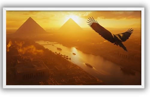 MJ-GRAPHICS® Poster Ägypten Bild 60x30cm – Adler Pyramiden Tempel Sonnenuntergang Nil Kunstdruck Antike Wandbild orientalisch Wohnzimmer Büro Wanddeko gold warm OHNE RAHMEN
