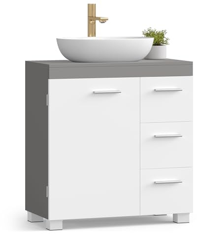 VASAGLE Waschbeckenunterschrank, 3 große Schubladen, 2 Fächer | Badezimmerschrank, Badschrank, 30 x 60 x 64 cm, mit Füßen, wolkenweiß-zementgrau BBK513GU01