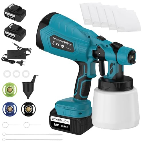Pistola de Pintura Eléctrica con 2 x 5500mAh Batería, ASUNCELL Pistolas para Pinturas de Flujo Ajustable de 1000ml para Vallas, Paredes, Techos, 4 Boquillas y 3 Modelos (Azul)