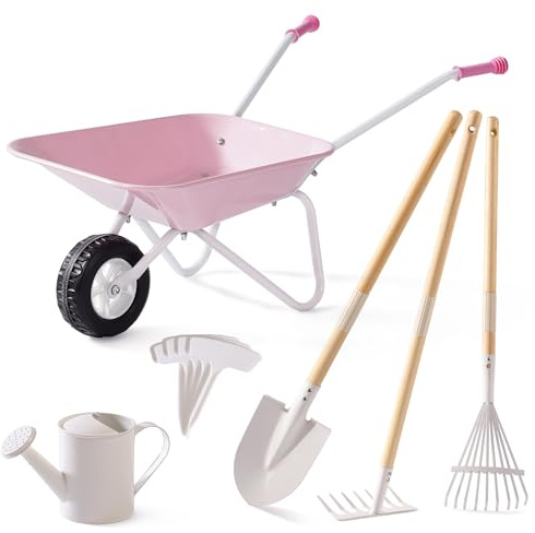 ROBOTIME Carriola per bambini con set da giardinaggio, carriola in metallo, giocattolo da gioco all'aperto con attrezzi da giardino, annaffiatoio ed etichette per piante, attrezzatura da giardino per