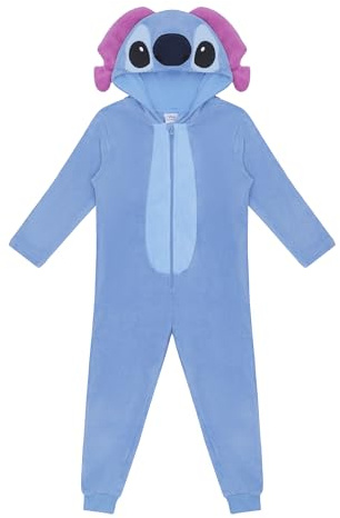 Disney Stitch Kinder Onesie, Blau mit Rosa Ohren, Coral Fleece Schlafanzug, Ganzkörper Kostüm, Reißverschluss Kapuze, Lilo& Stitch