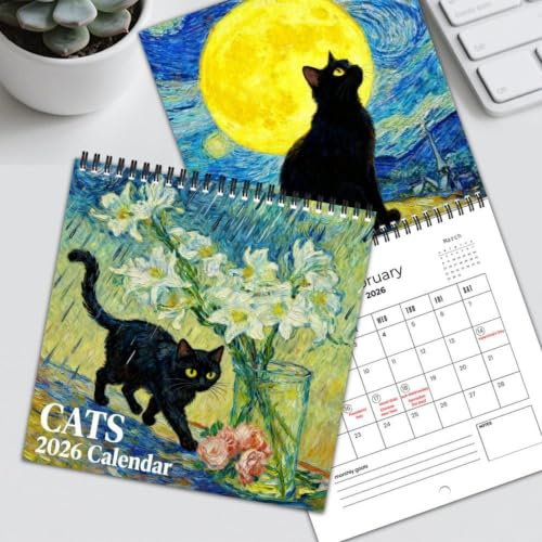 Kalender 2026 Schwarze Katzen, Cats In Famous Paintings Kalender 2026 | Lustiger Kunst Van Gogh Berühmte Gemälden Wandkalender, Lustiger Renaissance Katzen Wandkalender Für Geschenkidee Katzenliebh