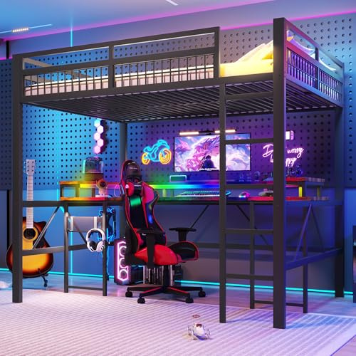 Merax Hochbett mit Schreibtisch 140x200, integriertem Monitorhalter, Metallbett mit intelligentem Ambientelicht, 2 Steckdose, USB+Typ-C-Anschluss, Jugendbett Bettgestell für Kinder/Erwachsene, Schwarz