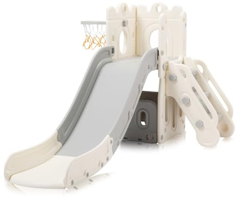 Baby Vivo Kinderrutsche Gartenrutsche Kleinkinderrutsche mit Basketballkorb und Ball Kunststoff Rutsche Schloss abgerundete Ecken & Kanten für Indoor & Outdoor in Grau/Beige
