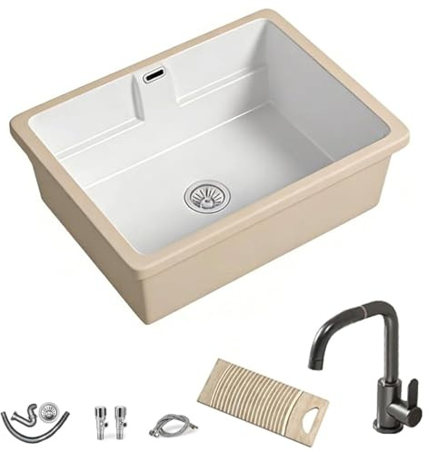 Lavabo de balcon encastré avec Planche a Laver Amovible, Lavabo sous plan en céramique avec robinet et trop-plein pour les toilettes, les balcons et l'utilisation utilitaire(695mm/27.4in)