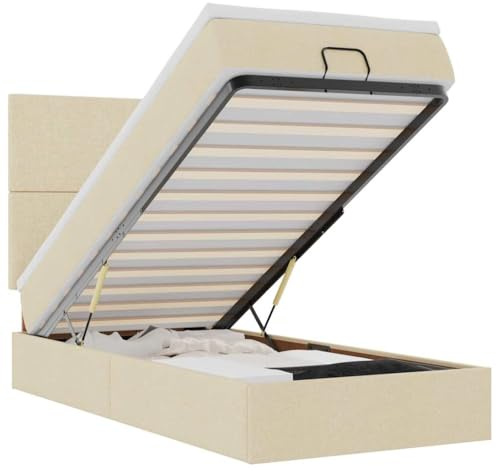 HFXHIJXQ Creme Ottomane Bettrahmen 100x200 cm mit Matratze & Topper, Stauraumbett, Taschenfederkernmatratze, Hebebett