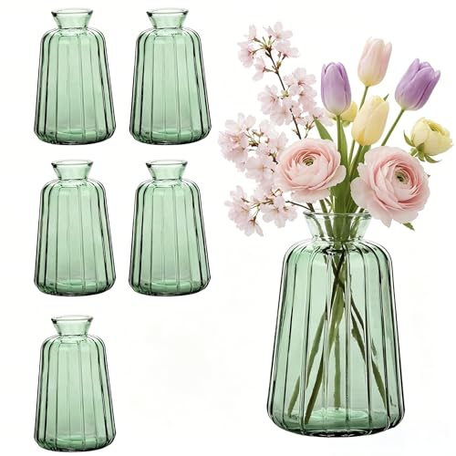 Otauoaea Kleine Glasvasen - 6er Set Kleine Vasen für Tischdeko Hochzeit - Vintage Stil Deko Vasen Set - Mini Glasvasen für Tischdeko,Grün