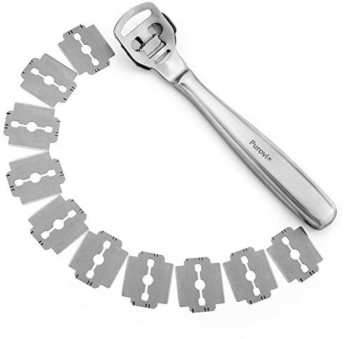 Purovi® TAGLIACALLI per Rimuovere Calli e DURONI | Acciaio Inox | 10 lamette di Ricambio Incluse | Pedicure Facile e Veloce