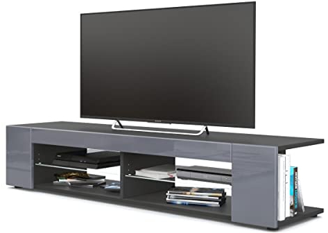 Vladon Lowboard Movie, TV-Kommode mit 4 offenen Fächern und Zierleisten, Schwarz matt/Grau Hochglanz (134 x 29 x 39 cm)