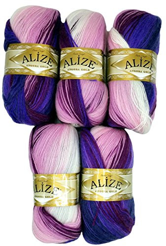 Alize 5 x 100 g Strickwolle mehrfarbig mit Farbverlauf, 500 Gramm Strickgarn mit 20% Wolle-Anteil (beere lila rosa weiß 2630)