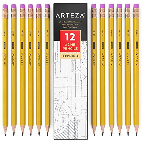 ARTEZA #2 HB Graphitstifte mit Holzummantelung, Großpackung mit 12 Stück, vorgespitzt mit latexfreien Radiergummis, für Schule, Büro, Schreiben, Zeichnen und Skizzieren